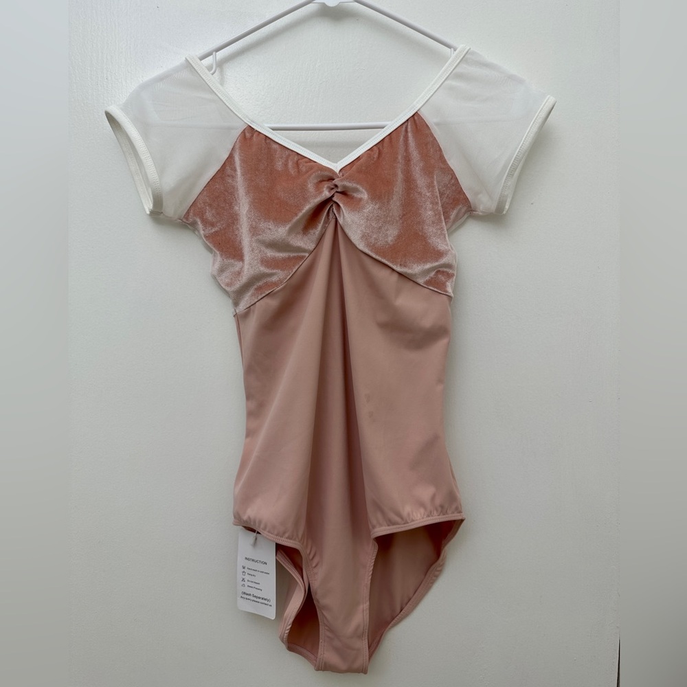 Pink Velvet White Mesh Cap Sleeve Ballet Leotard